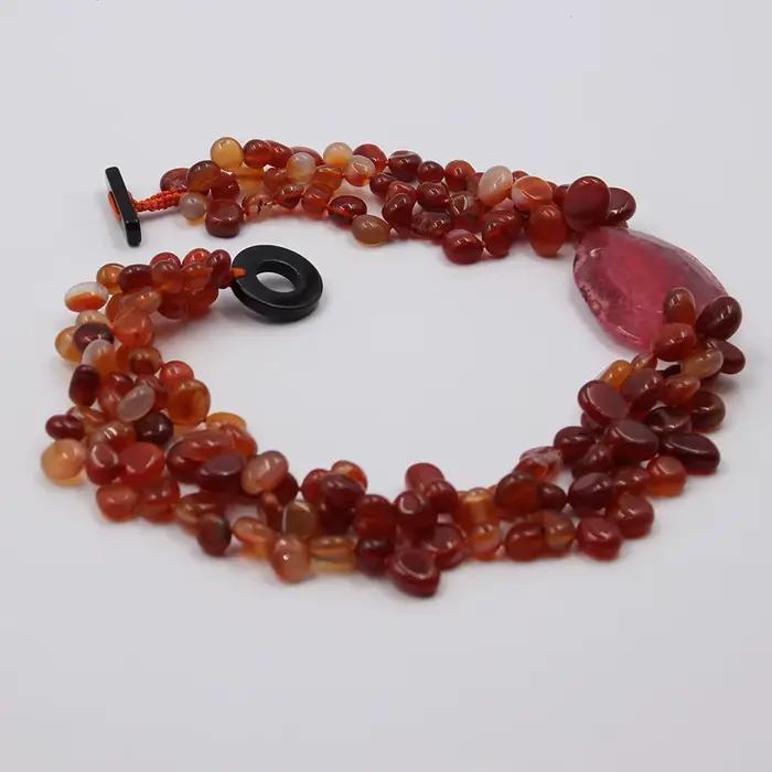 GuaiGuai-Collier à 3 brins d'agate cornaline rouge naturelle pour femme, perles de pépite, agates roses, connecteur épais, bijoux faits à la main