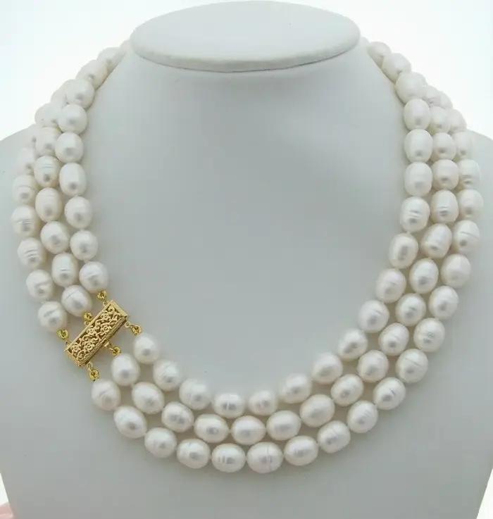 Nouveau Collier de bijoux 18 ''-20'' 3 brins 9x10mm collier de perles de riz blanc pour les femmes