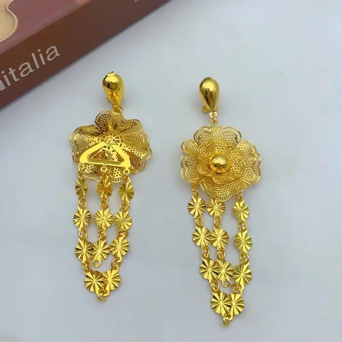 Ensemble de collier long et boucles d'oreilles de luxe plaquées or 24 carats style éthiopien et indien pour mariée et occasions spéciales