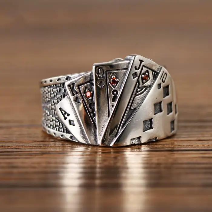 Bague de poker rétro Royal Flush pour hommes punk gothique rock hip hop annelé ouvert bijou de créateur unisexe artisanal occasion party
