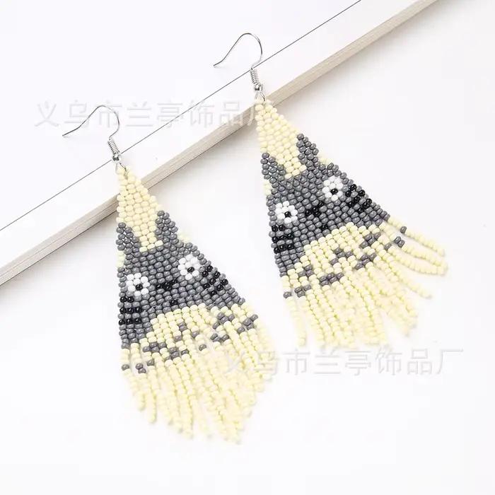 Boucles d'oreilles Totoro en perles de riz bohémien, tissées à la main, en alliage de pampilles grises et blanches, Style National, Design Original, bijoux en perles
