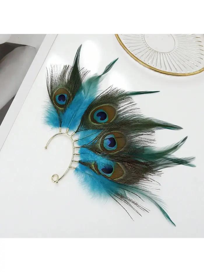 Manchette d'oreille paon, Manchette d'oreille plumes, Manchette d'oreille en plumes, Manchette enveloppante pour l'oreille, Bijoux en plumes, Boucles d'oreilles paon, Boucles d'oreilles tribales, Véri