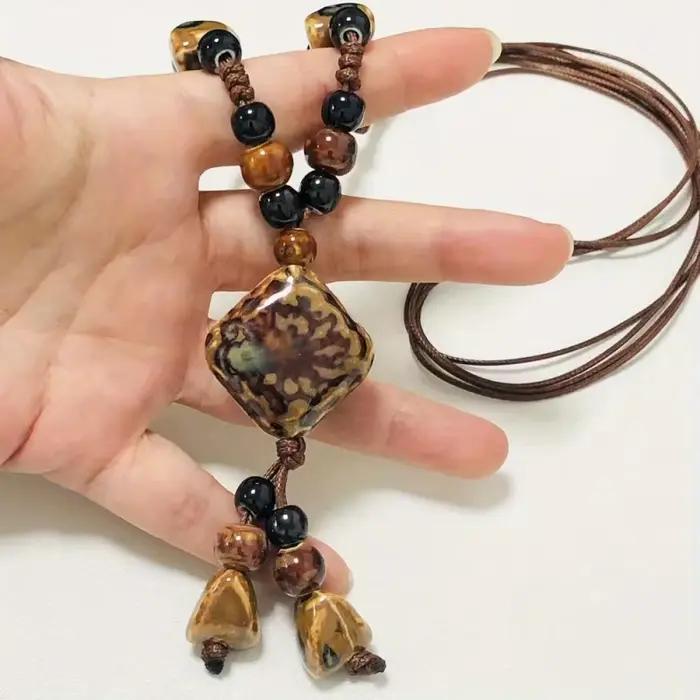 Collier en céramique artistique rétro polyvalent pour femmes, longue chaîne de pull géométrique bohème, accessoire Simple et élégant, parfait