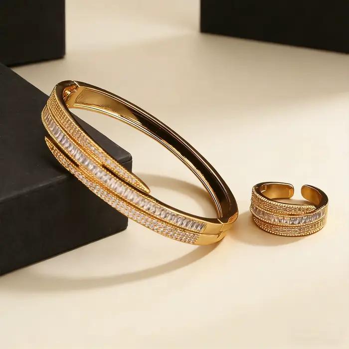 Élégant ensemble bague et bracelet baguette en oxyde de zirconium plaqué or, bijoux manchette ouverte empilables pour femme, usage quotidien et rendez-vous galants