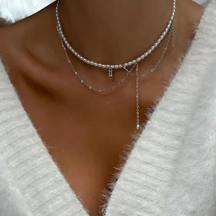 Collier pendentif chaîne à pampilles cristal et perles imprimées style bohème cadeau occasion spéciale femmes anniversaire saint valentin