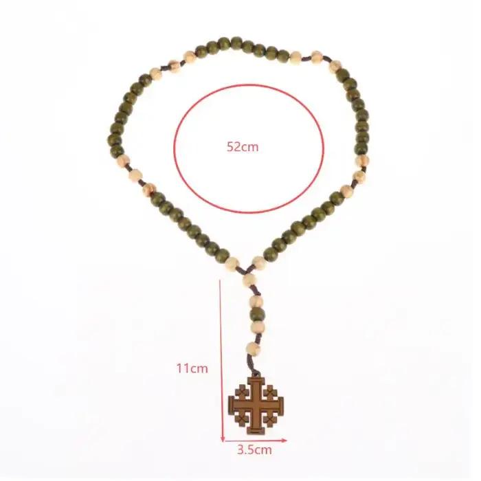 Collier Chapelet Croix Sacrée en Bois Vert et Marron, Ornements Religieux, Croix de Jésus, Bijou Cadeau