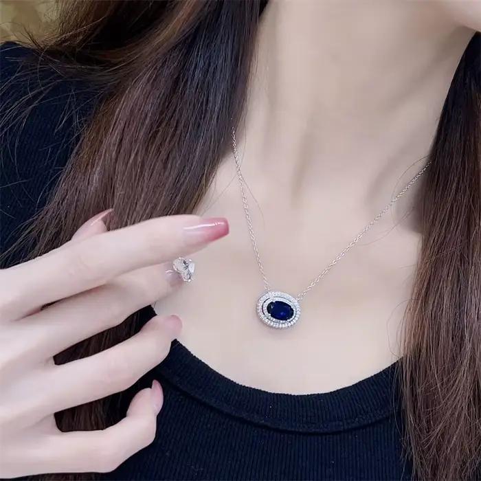 Collier avec pendentif en saphir pour femmes, en argent 925, de haute qualité, pierre précieuse bleue légère et luxueuse, chaîne ovale, bijoux de banquet, nouvelle collection