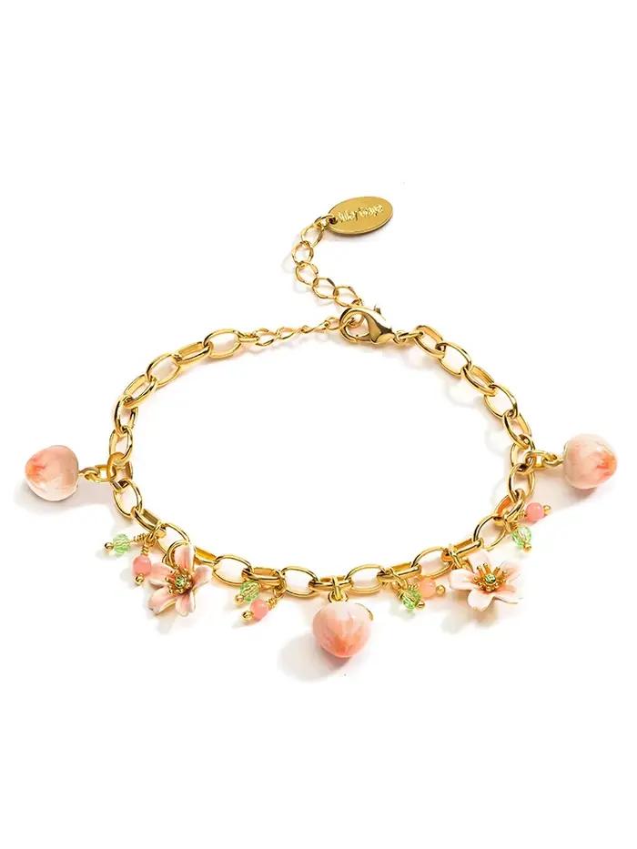JUICY GRAPE-Bracelet Pêche pour Femme, Bijoux Originaux, Doux et Mignon, Fruit Pêche et Fleur de Pêc