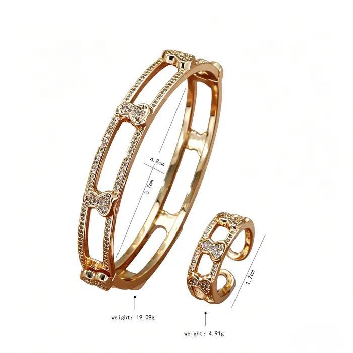 Ensemble bague et bracelet plaqué or avec nœud et zircons