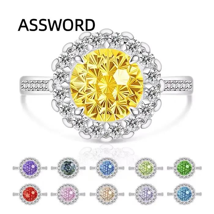 Bague en argent sterling 925 avec zircon rond taillé en forme de tournesol, double halo pavé, bande multicolore en cristal, bijoux de mariage, cadeau pour femme