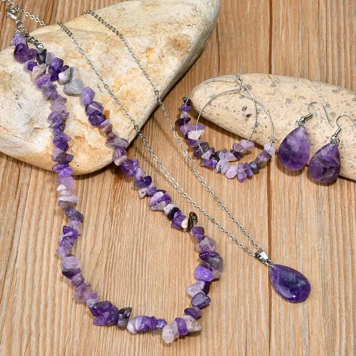 Ensemble de boucles d'oreilles et collier en améthyste en pierre naturelle