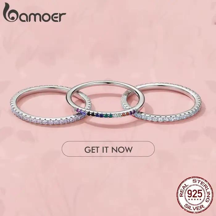 BAMOER 925 bagues empilables en argent sterling entièrement pavées de diamants simulés