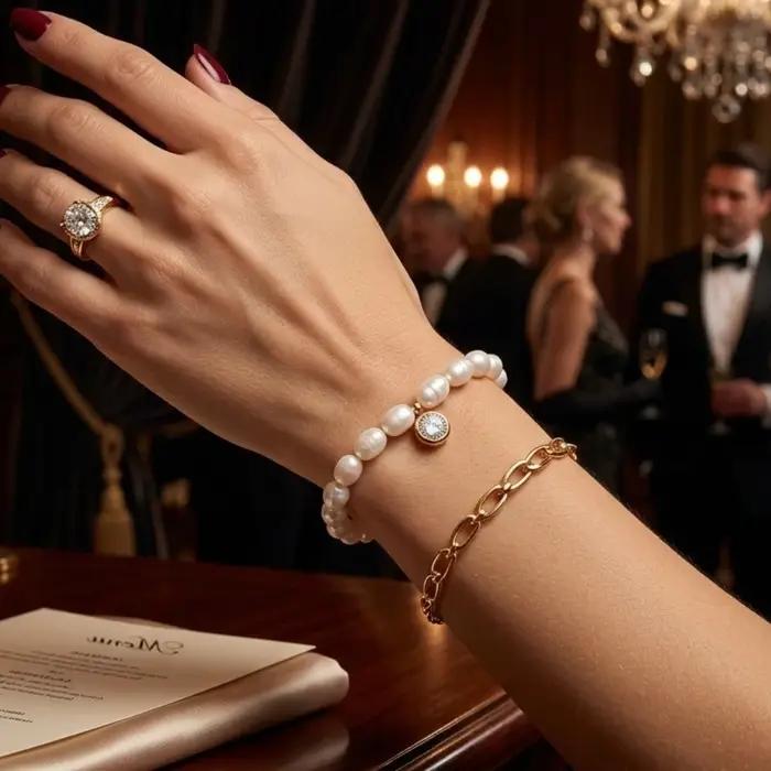 Bracelet en perles pour femmes plaqué or 18 carats avec breloque en zircon réglable en acier inoxydable pour occasions formelles et événements de gala