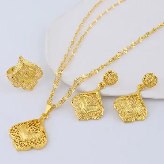 Ensemble de bijoux couleur or pour femmes, collier plaqué dubaï, boucles d'oreilles, bagues, accesso