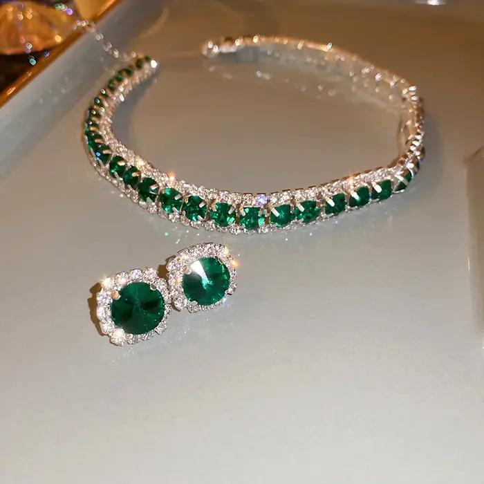 FYUAN luxe collier boucles d'oreilles ensembles vert cristal