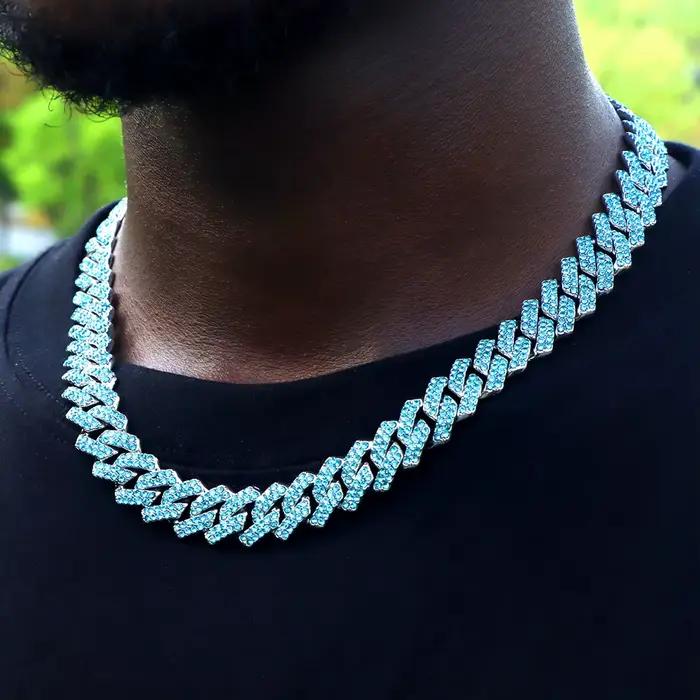 Collier chaîne cubaine pour hommes et femmes, chaîne à maillons sertie de strass bleus, bijoux hip-hop bling-bling