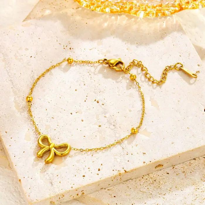 Bracelet à nœud papillon élégant pour femmes et filles, chaîne de perles, bijoux en acier inoxydable, cadeaux