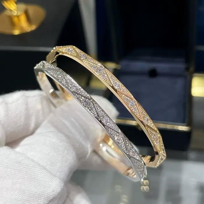 Bracelet classique en argent regardé 925 pur, bracelet en or rose, bijoux de mariage, design rhomboïde, marque de luxe, 17cm