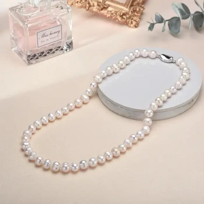 Colliers de perles de culture d'eau douce blanches véritables pour femmes et filles, cadeau en argen