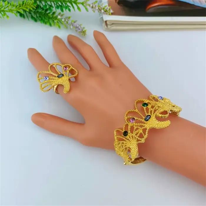 Ensemble de bijoux plaqué or et argent pour femmes, collier avec pierres colorées, bracelet, boucles d'oreilles et bague pour occasions spéciales