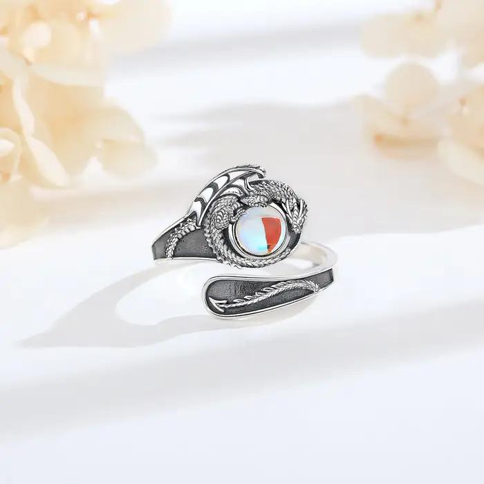 Bague ajustable en argent sterling 925 Eudora avec dragon et pierre de lune