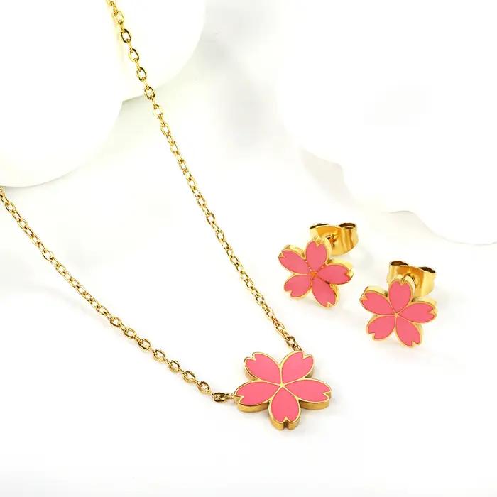 LUXUKISSKIDS – ensemble de bijoux pour filles, couleur rose/bleu, Six pétales de fleurs, collier goutte-huile, boucles d'oreilles, cadeaux d'anniversaire romantiques