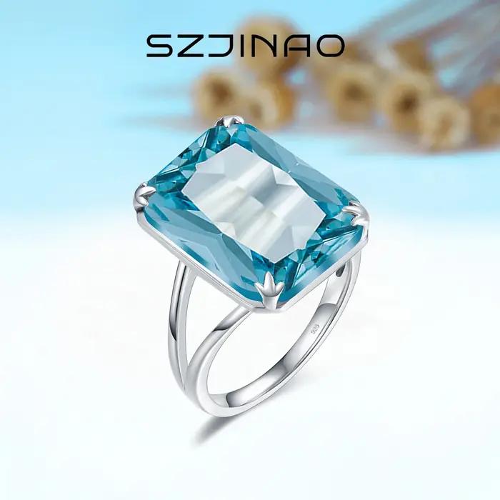 Bague en argent sterling 925 véritable pour femmes, aigue-marine, plaquée or blanc, cadeau d'anniversaire, de mariage, bijou fin pour occasions spéciales