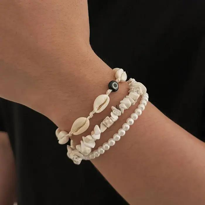 Ingemark Lot de 3 bracelets bohèmes en pierre naturelle pour hommes et femmes, rétro, empilables, avec perles imitation coquillage, ajustables