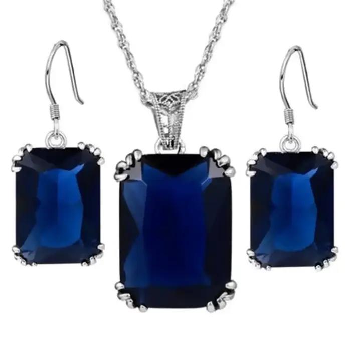 Ensemble de boucles d'oreilles et collier en argent rétro pour femmes, bijoux pour dames, mariage, fiançailles, grand crochet carré en cristal Zircon