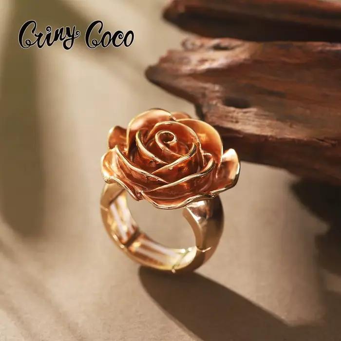 Cring Coco Rose Bague en Émail pour Femme, Breloque Élégante, Plante Réglable, Bijoux à la Mode, Cadeau de Noël