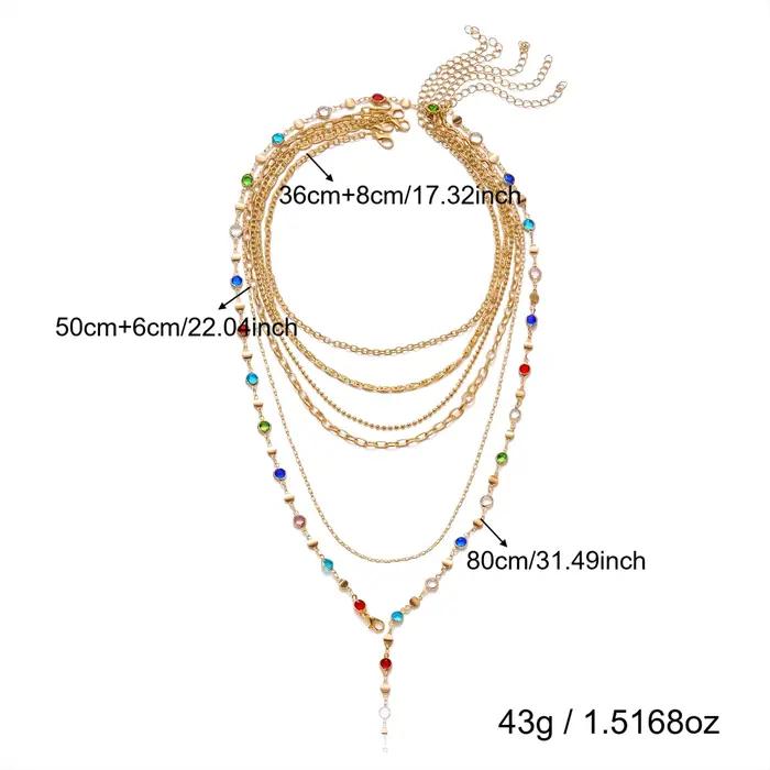 Collier à chaînes superposées pour femmes en alliage de zinc couleur or jaune clair style bohème Y2K avec perles de cristal colorées et strass