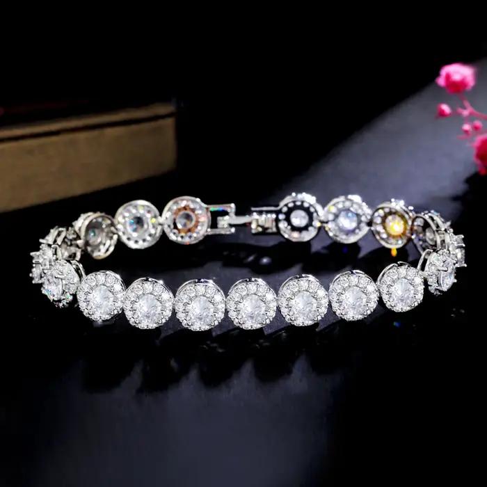 Bracelet de Luxe à Maillons en Argent Plaqué Platine pour Femmes Occasions Spéciales Zircone Cubique Blanc Style Moderne