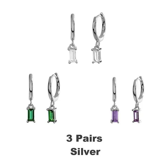 Boucles d'oreilles créoles Baguette Huggie à breloques délicates avec améthyste émeraude CZ