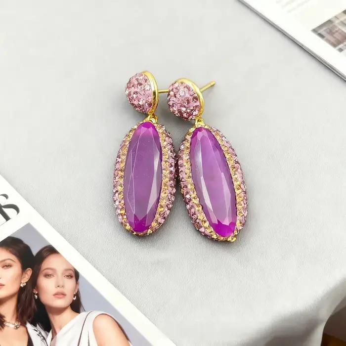 Ensemble de bijoux vintage en jade malais violet plaqué or pour femmes, coquille, strass, collier, boucles d'oreilles, bague, mariage, fête, cadeau anniversaire