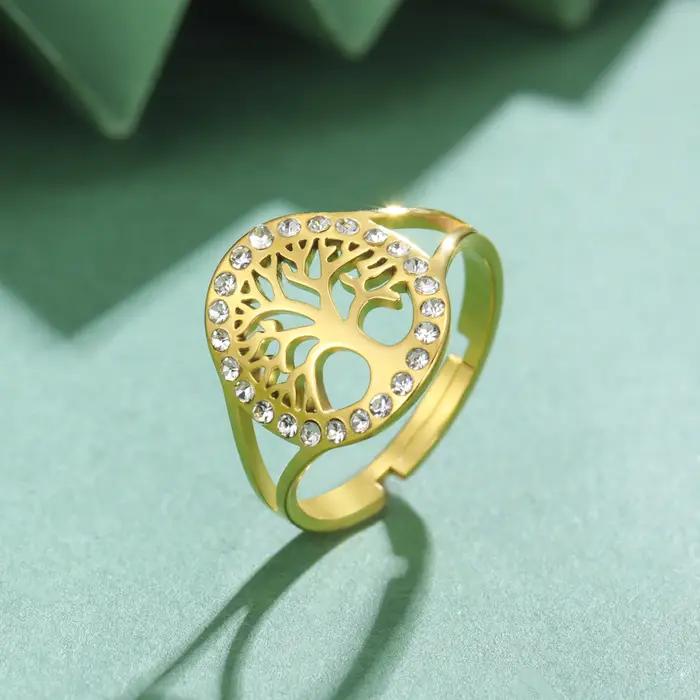Skyrim arbre de vie clair Zircon rond anneau en acier inoxydable couleur or réglable femmes bagues amulette bijoux en gros