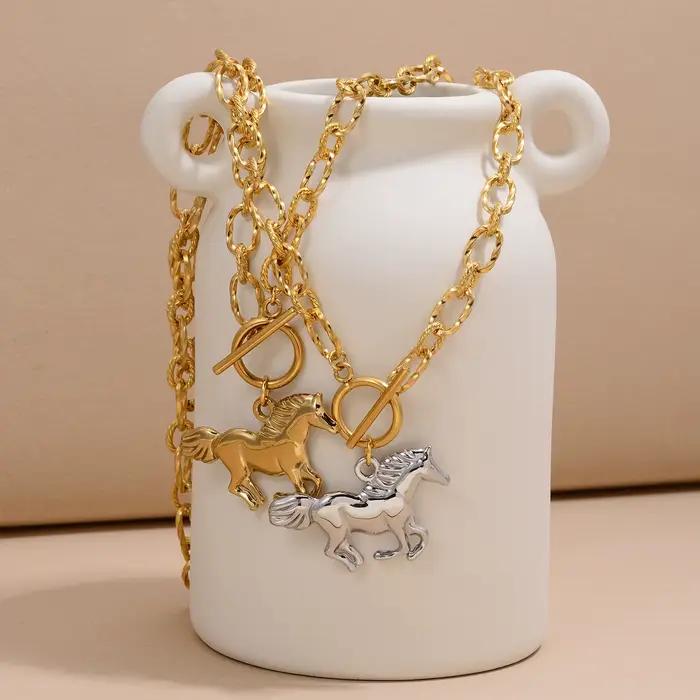 Collier avec pendentif cheval des 12 signes du zodiaque en acier inoxydable plaqué or pour femme soiree partie quotidienne