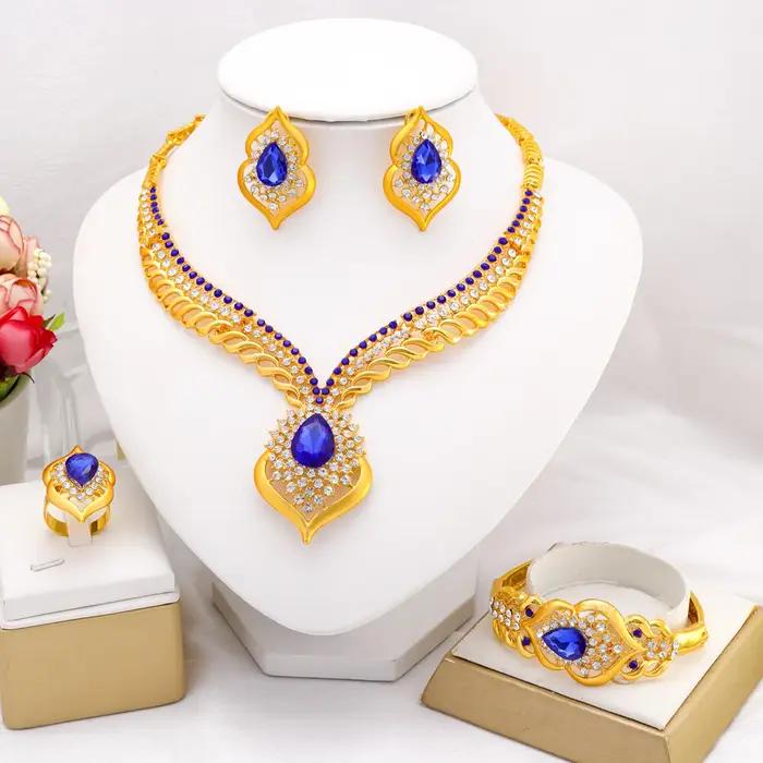 Ensemble de bijoux de luxe or 24 carats collier boucles doreilles cristal pour femmes mariage cérémonie spécial