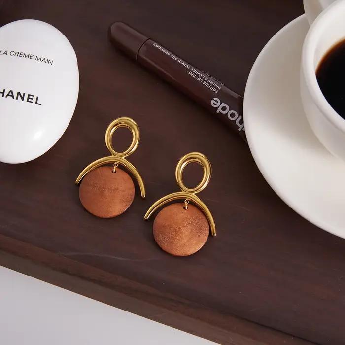 Uworld Vintage marron en bois circulaire pendentif boucles d'oreilles pour femmes 18K plaqué or en acier inoxydable boucle d'oreille bijoux imperméables