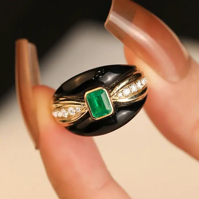 Foydjew Style français rétro noir émail anneaux incrusté Simulation émeraude noir Agate boucles d'or
