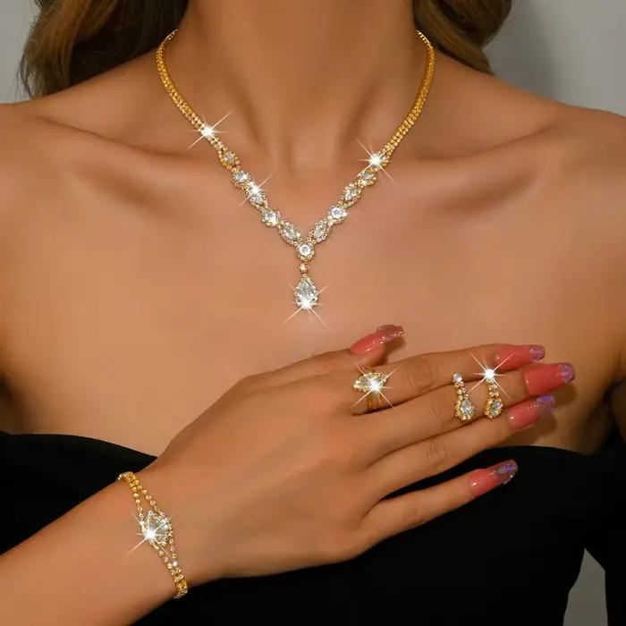 Parure de bijoux de mariée élégante en cristal transparent, collier pendentif goutte d'eau, bracelet tennis, boucles d'oreilles et bague pour mariées, cadeau de soirée