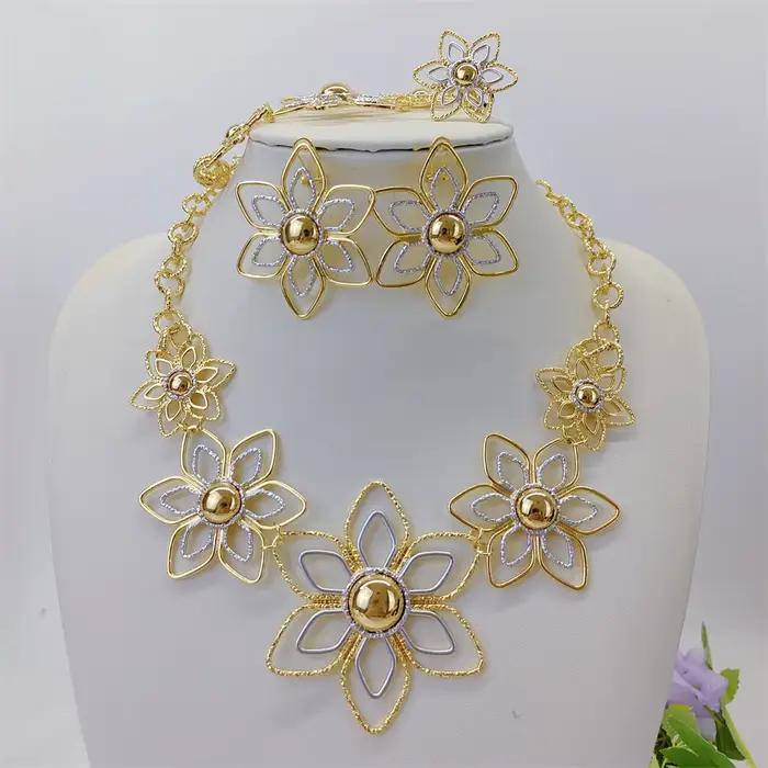ESALE Parure de bijoux fleuris plaqués or 18 carats pour femme, ensemble de luxe complet collier bou