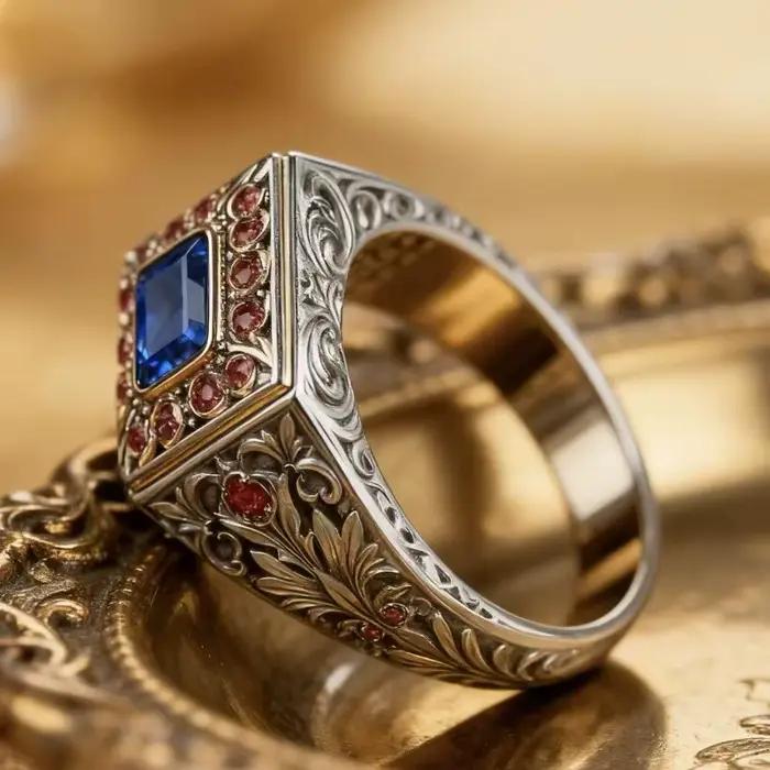 Nouvelle bague en alliage écologique - Design rétro luxueux bicolore électro-plaqué, diamant coloré, accessoire de mode pour femmes