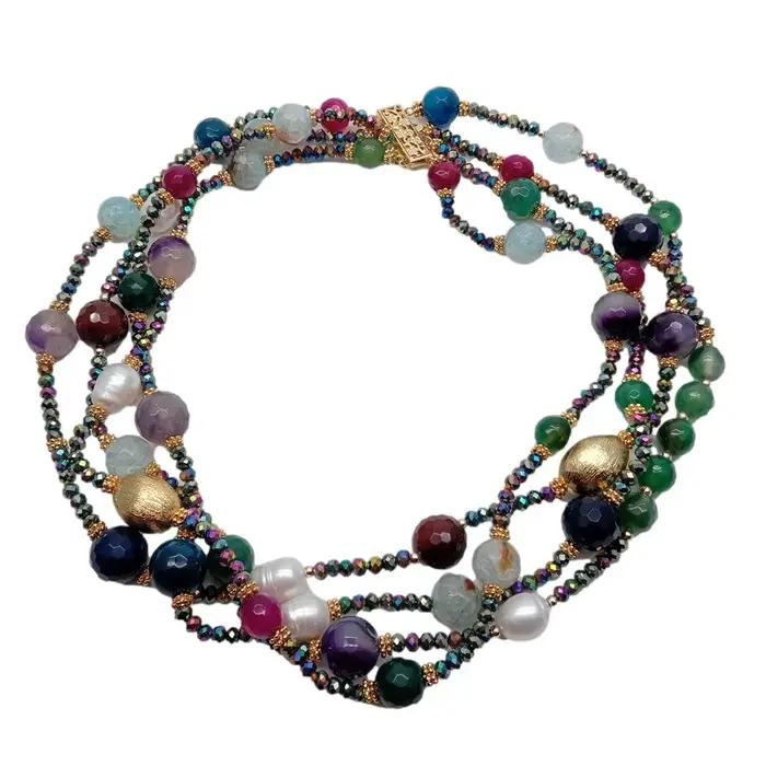 Y · YING – collier en Agate multicolore pour femmes, 4 brins de perles de culture blanches, ras du c