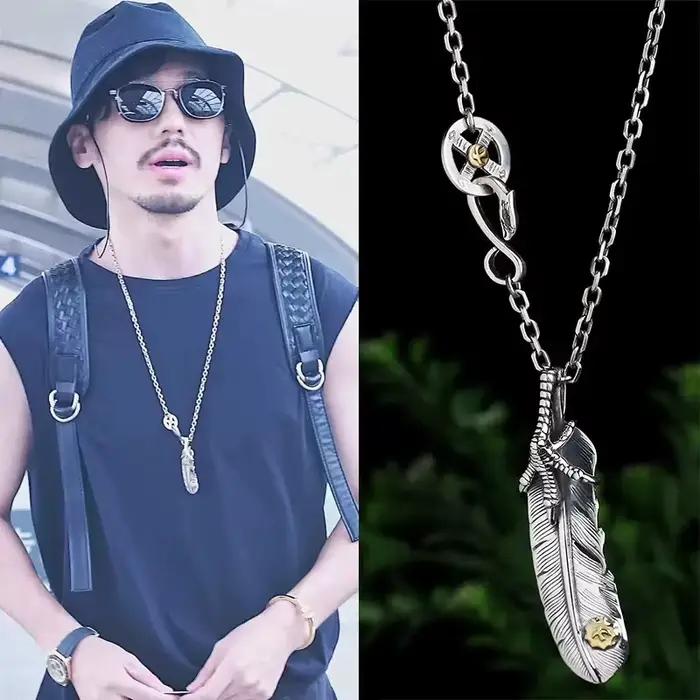 Collier long pour pull, style griffe d'aigle, plume, Taijiao, forme géométrique, chaîne simple avec perles rondes, tendance personnalité