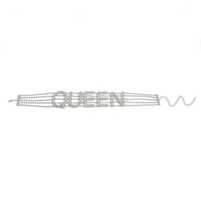 Collier avec lettres Queen en strass pour femmes, design hip hop, collier ras du cou en strass bleu ou rouge pour occasions spéciales