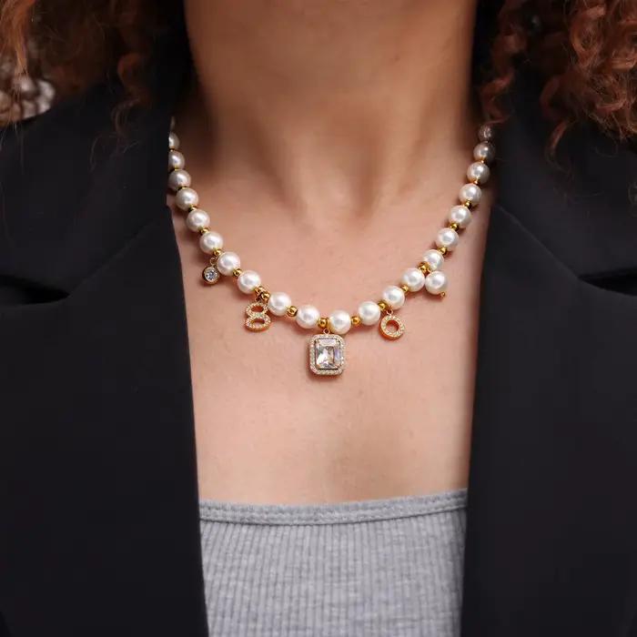 Collier et bracelet en perles de coquillage avec pendentif carré en zircon pour femmes
