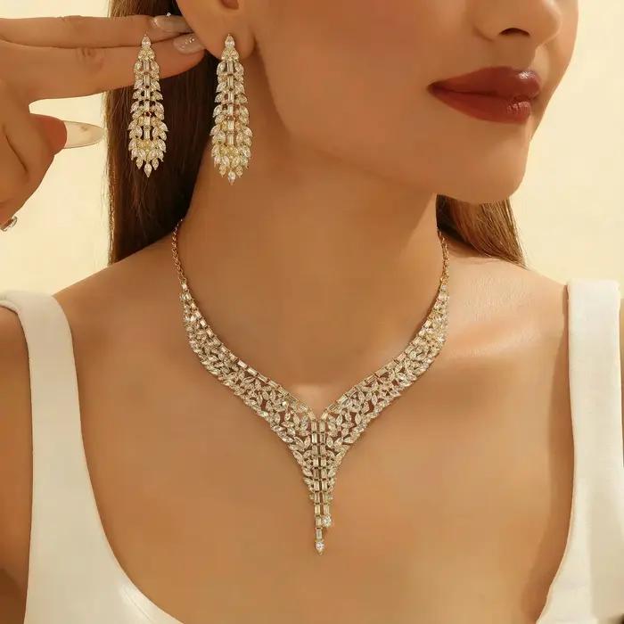 1 ensemble de bijoux tendance en cuivre incrusté, collier et boucles d'oreilles à chaîne griffes, pour femme, idéal pour mariage, banquet, fête ou usage quotidien