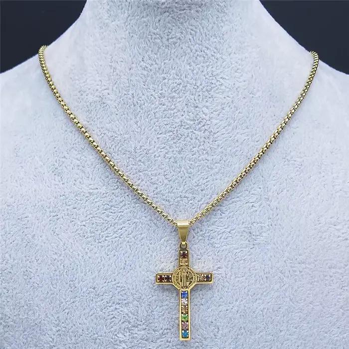 Collier en acier inoxydable avec croix de jésus catholique, pendentif en cristal de Saint benoît, vierge marie, Crucifix, colliers pour hommes, bijoux cruz