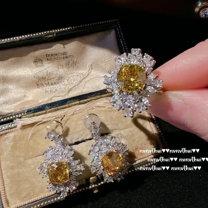 Ensemble de bijoux de mariage en diamant écrasé, coupe princesse, tempérament de luxe, plaqué or blanc 14K, bague redimensionnable, boucles d'oreilles, cadeaux, 3 pièces/ensemble