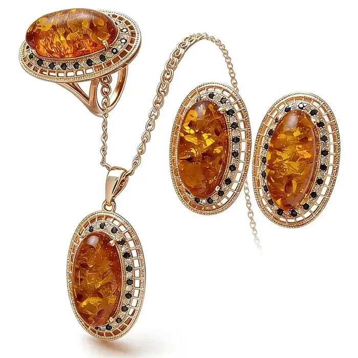Ensemble de bijoux en ambre avec zircon naturel pour femmes occasions spéciales bague ovale, boucles d'oreilles, collier style classique vintage